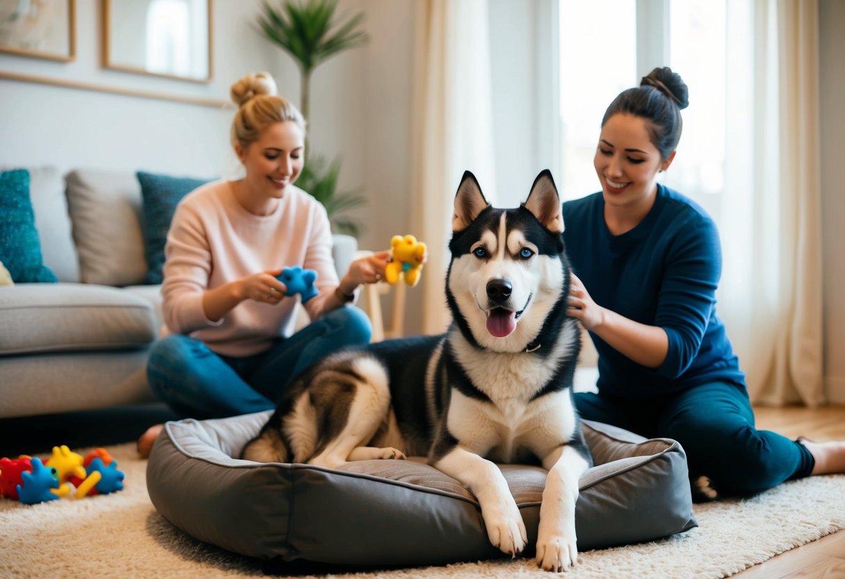 A husky sits calmly inside a cozy living room, surrounded by toys and a comfortable dog bed. Its owner smiles as they engage in training and socialization activities together