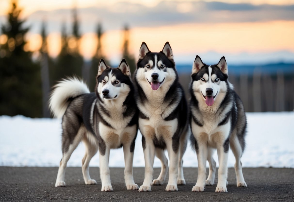 Two Alaskan Malamutes stand next to a Husky, showing their larger size