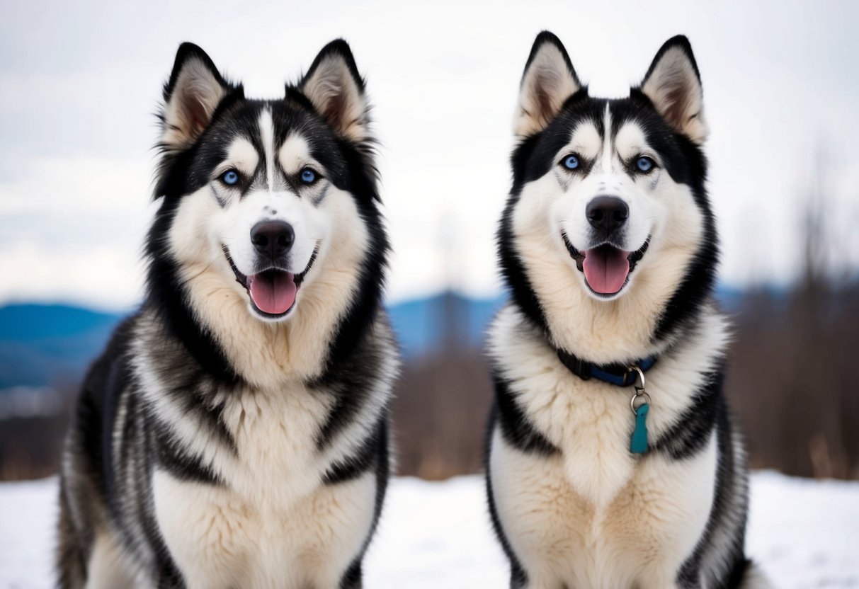 Two dogs, one alaskan malamute and one husky, standing side by side, with the malamute appearing larger in size