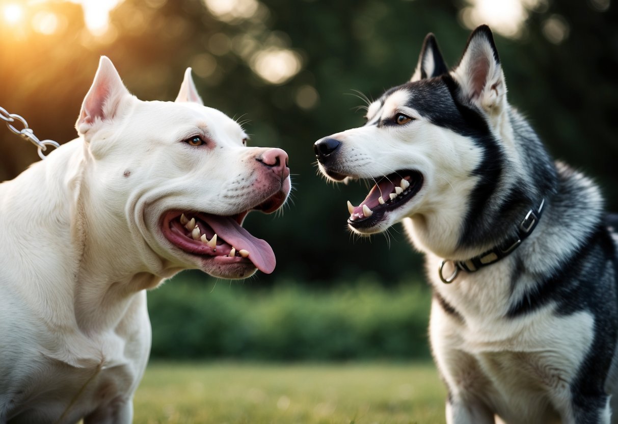 A pitbull and husky face off, jaws clenched, teeth bared, in a tense display of strength