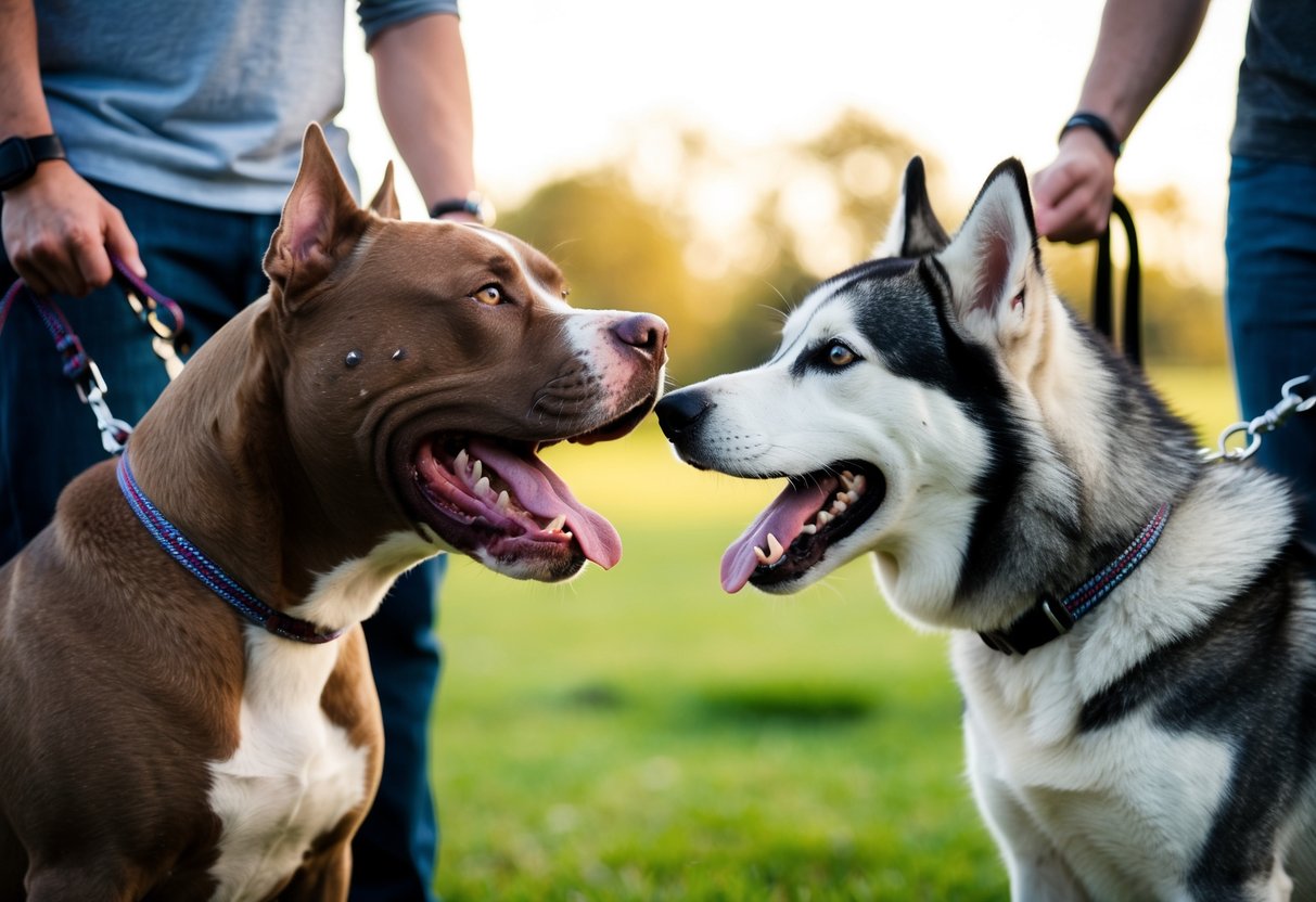 Two dogs, a pitbull and a husky, facing each other with open mouths showing teeth. Their owners stand nearby, holding leashes