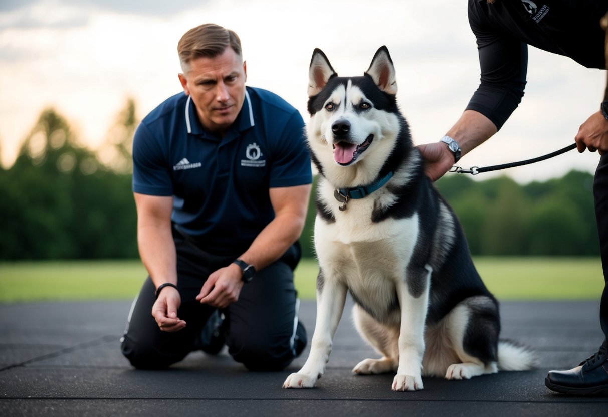 A husky mix dog sits obediently in front of a trainer, eagerly awaiting a command with a focused and attentive expression