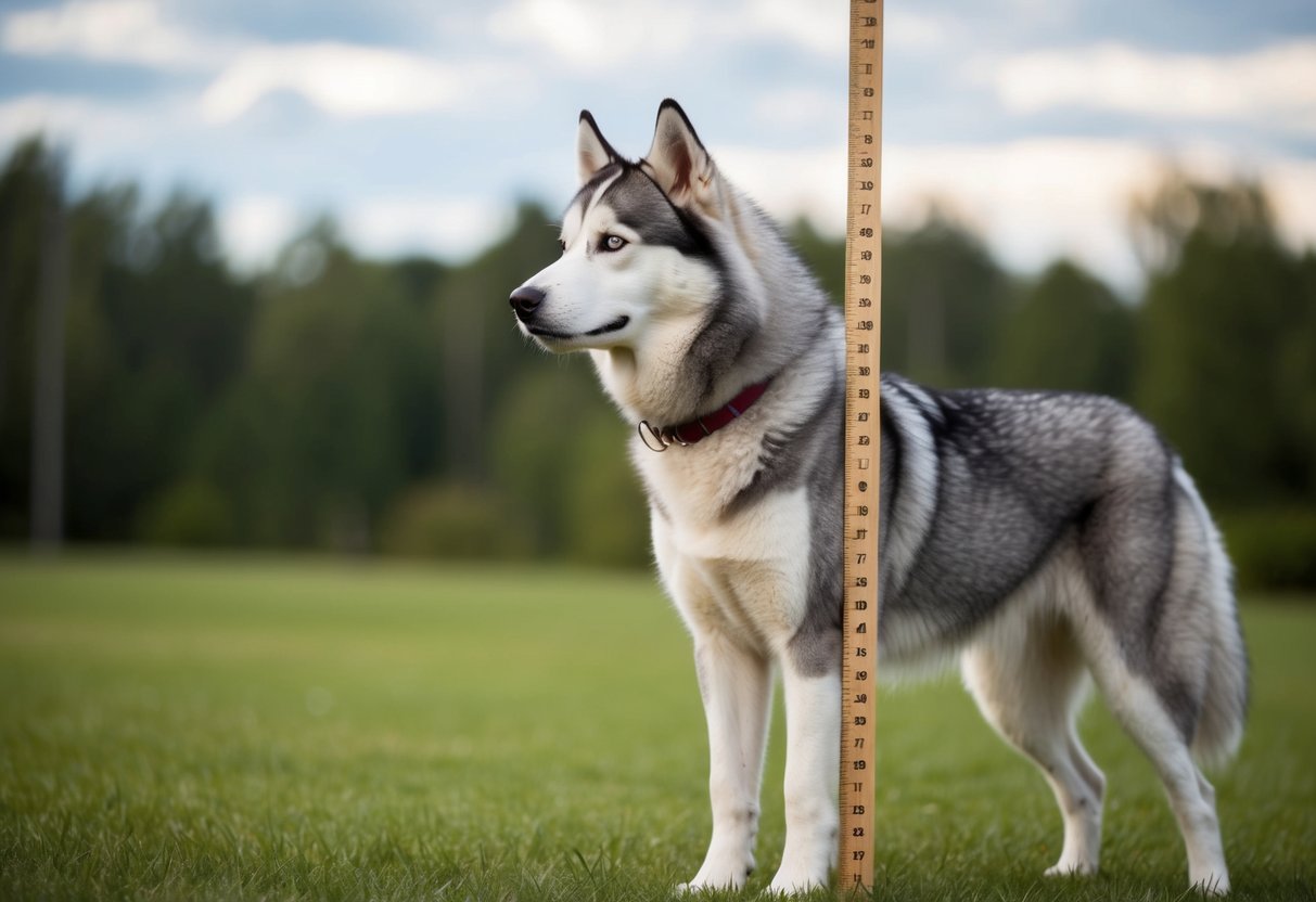 A husky stands tall next to a measuring stick, showcasing its large size. Its thick fur and powerful build are evident as it gazes off into the distance