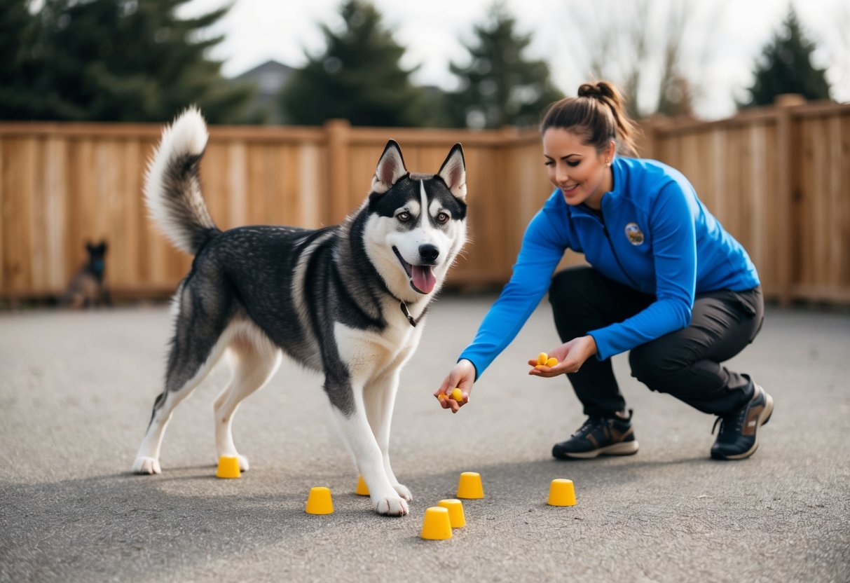 A husky mix eagerly follows commands in a spacious, fenced yard, with a trainer using positive reinforcement and treats