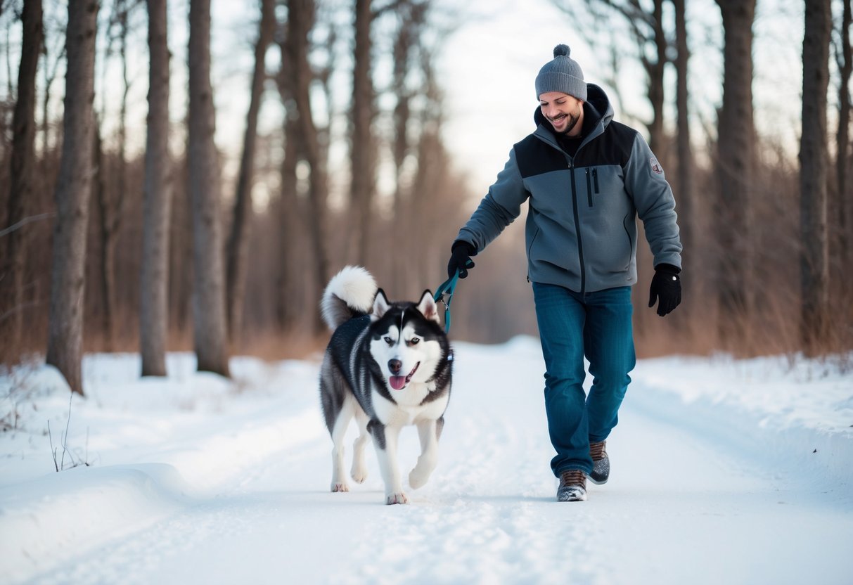 A husky owner taking their large dog for a walk in a snowy forest, providing plenty of exercise and mental stimulation