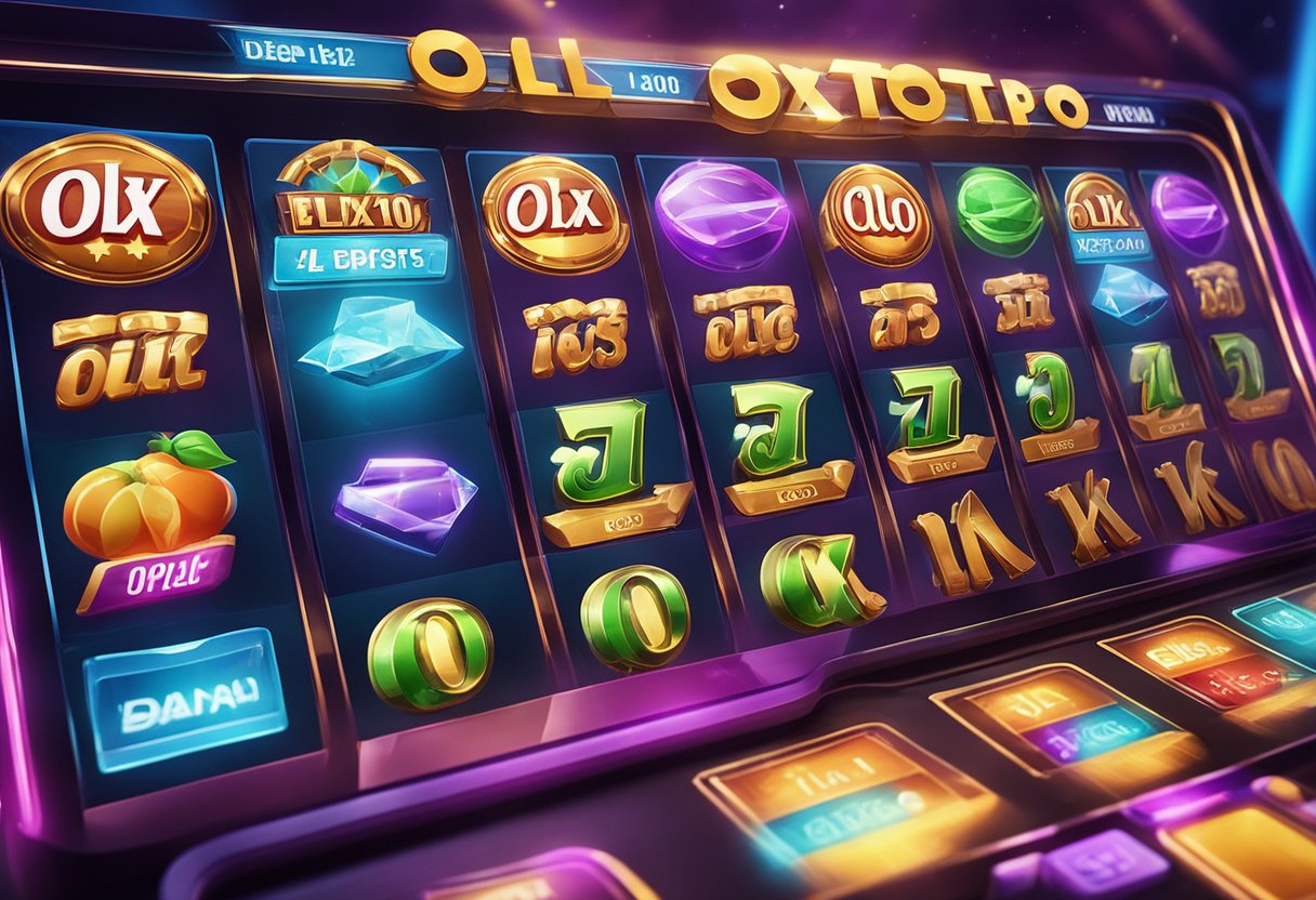 Antarmuka permainan slot online yang berwarna-warni dan hidup dengan logo "OLXTOTO" dan tombol "Deposit Dana 1000" yang mencolok