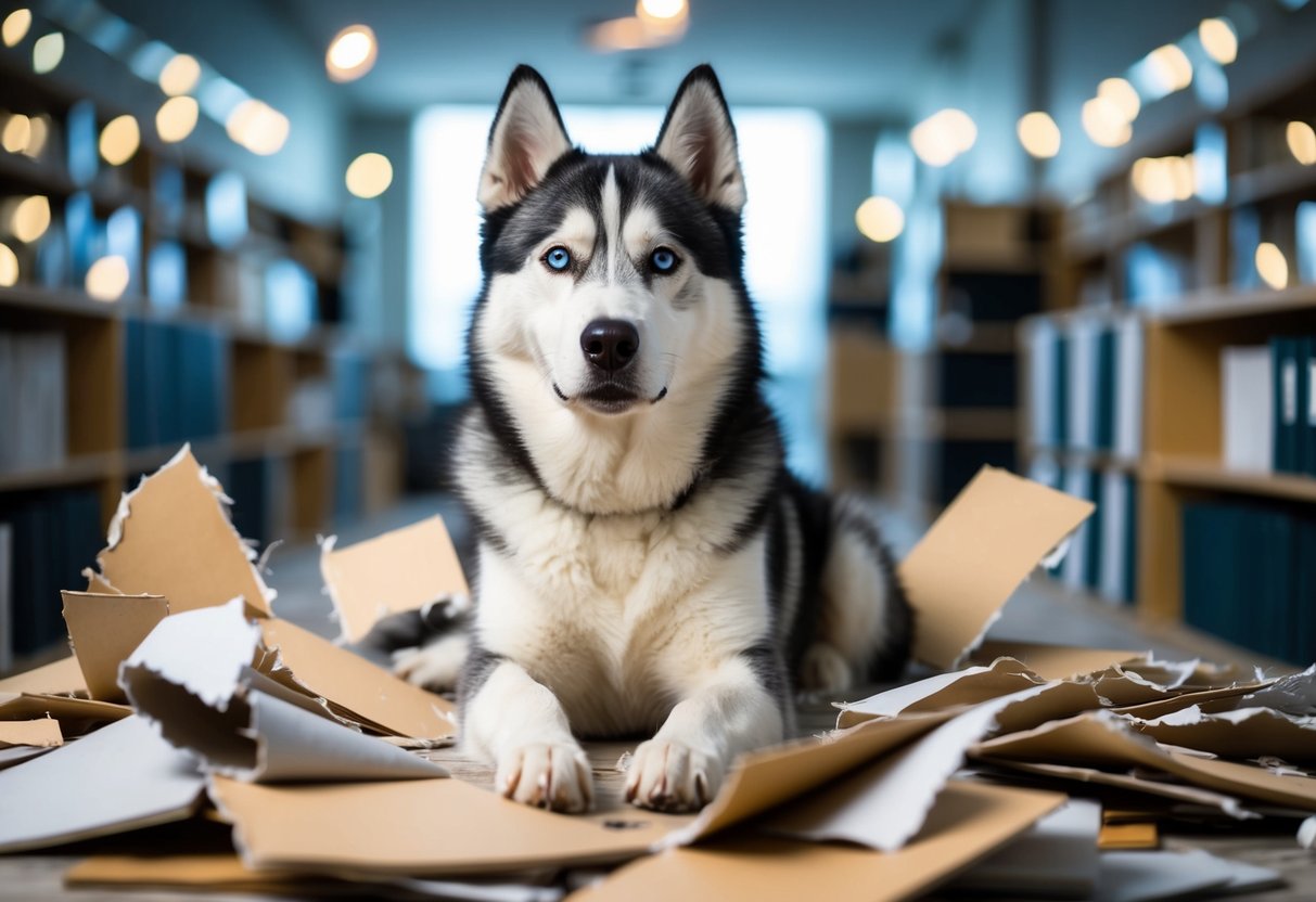 A husky surrounded by torn objects, with professional resources and support visible in the background