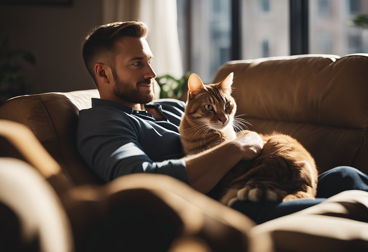 A man sits on a couch, a cat curled up on his lap. Sunlight filters through the window, casting a warm glow on the pair