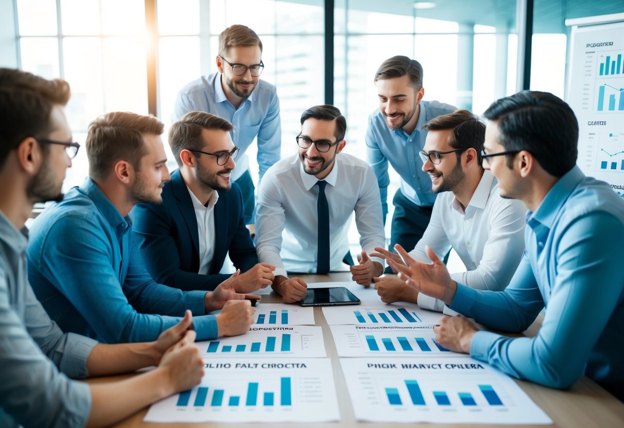 Un groupe de fondateurs de startups déterminés en train de brainstormer et de stratégiquer autour d'une table, entouré de graphiques et de diagrammes représentant les critères du marché public.