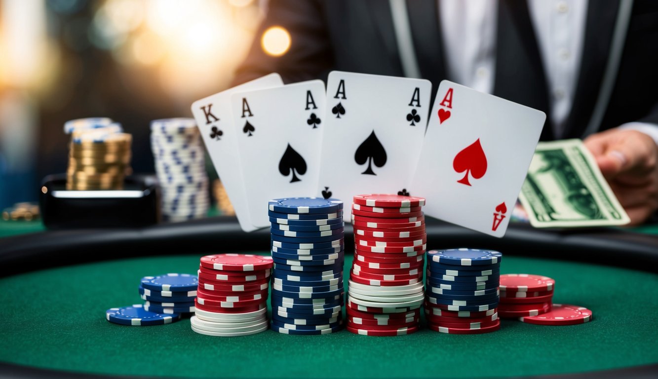 Sekelompok chip poker dan kartu permainan yang disusun di atas meja felt hijau, dengan tombol dealer dan tumpukan uang tunai di latar belakang