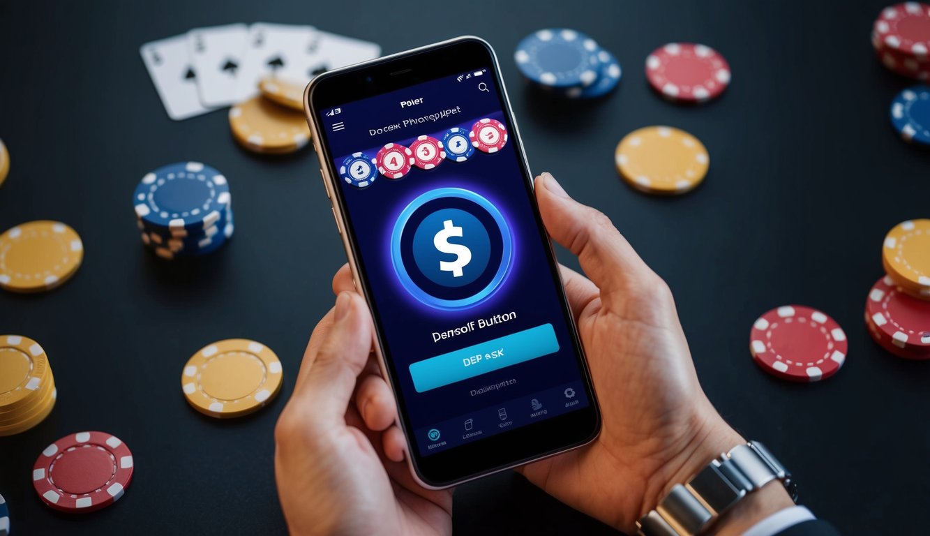 Sebuah smartphone menampilkan aplikasi poker dengan tombol deposit yang berdenyut, dikelilingi oleh chip dan kartu virtual