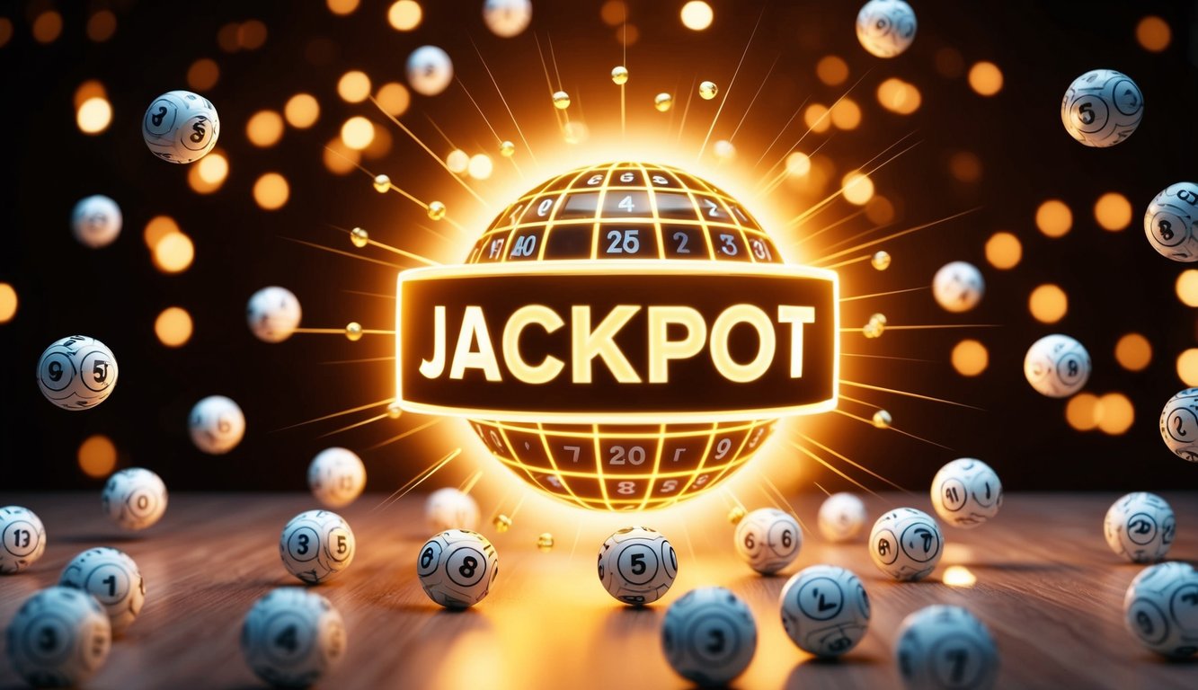 Jackpot online yang bersinar dikelilingi oleh bola lotere yang mengapung