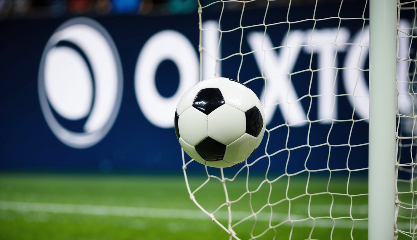 Sebuah bola sepak terbang melalui jaring gawang dengan logo OLXTOTO di latar belakang