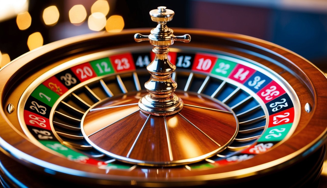 Roda roulette berputar dengan slot bernomor berwarna-warni dan bola putih kecil yang bergerak