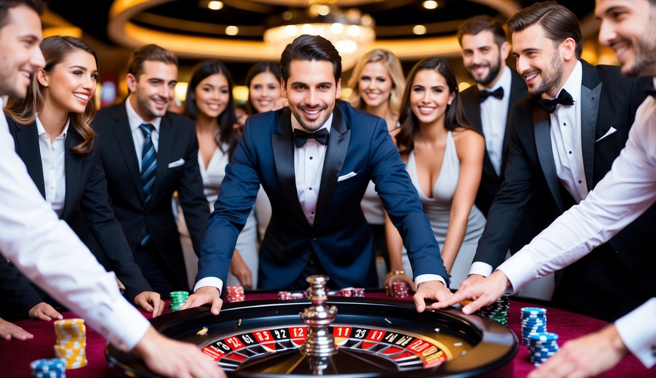 Sebuah meja roulette yang ramai dikelilingi oleh pemain yang antusias dan seorang dealer yang karismatik, dengan chip berwarna-warni dan roda yang ramping.