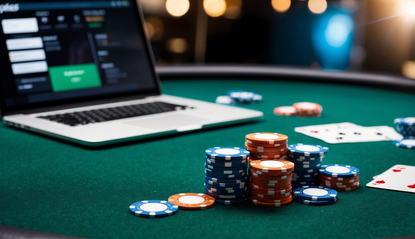 Sekumpulan chip poker dan kartu berserakan di atas meja felt hijau, dengan sebuah laptop ramping terbuka pada situs web poker di latar belakang