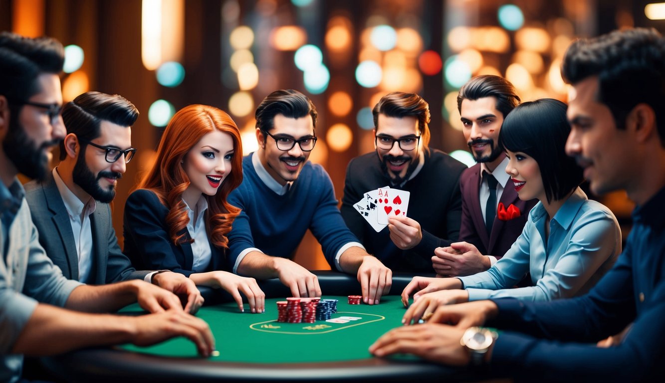 Sekelompok karakter yang beragam dan animasi bermain poker online dengan konsentrasi dan kegembiraan yang intens