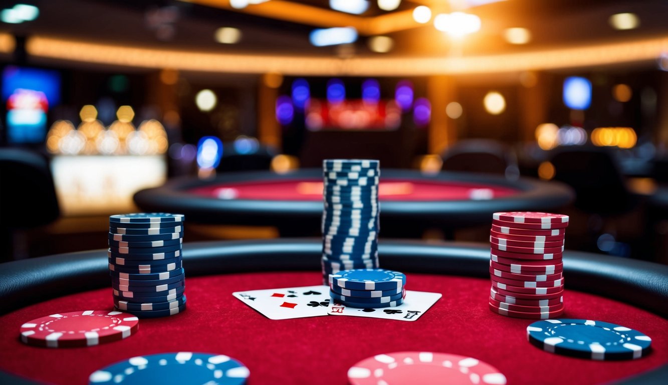 Sebuah meja poker digital dengan kartu dan chip, dikelilingi oleh latar belakang kasino virtual