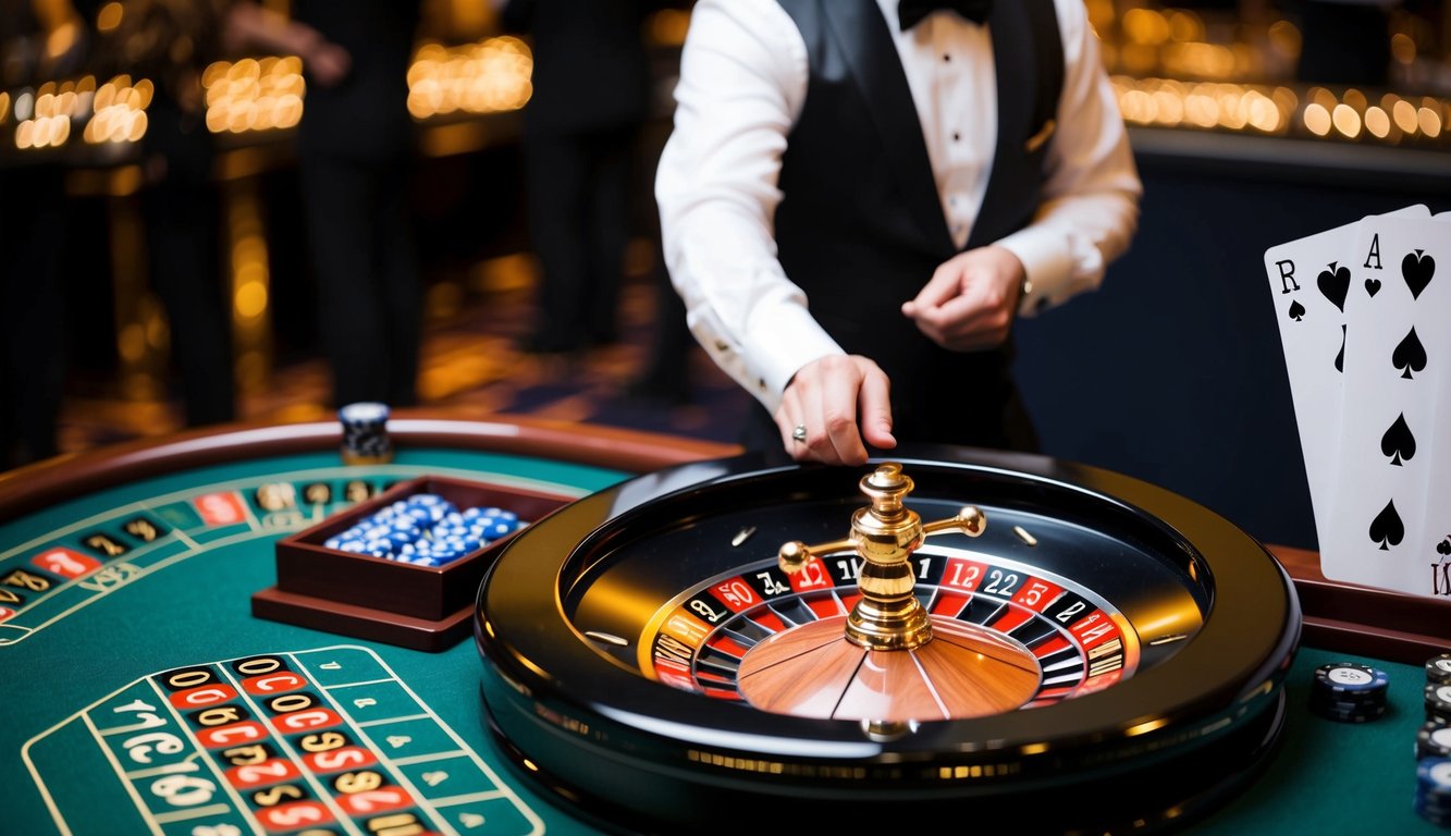 Sebuah roda roulette dengan kantong bernomor, meja taruhan, dan seorang croupier yang memutar roda