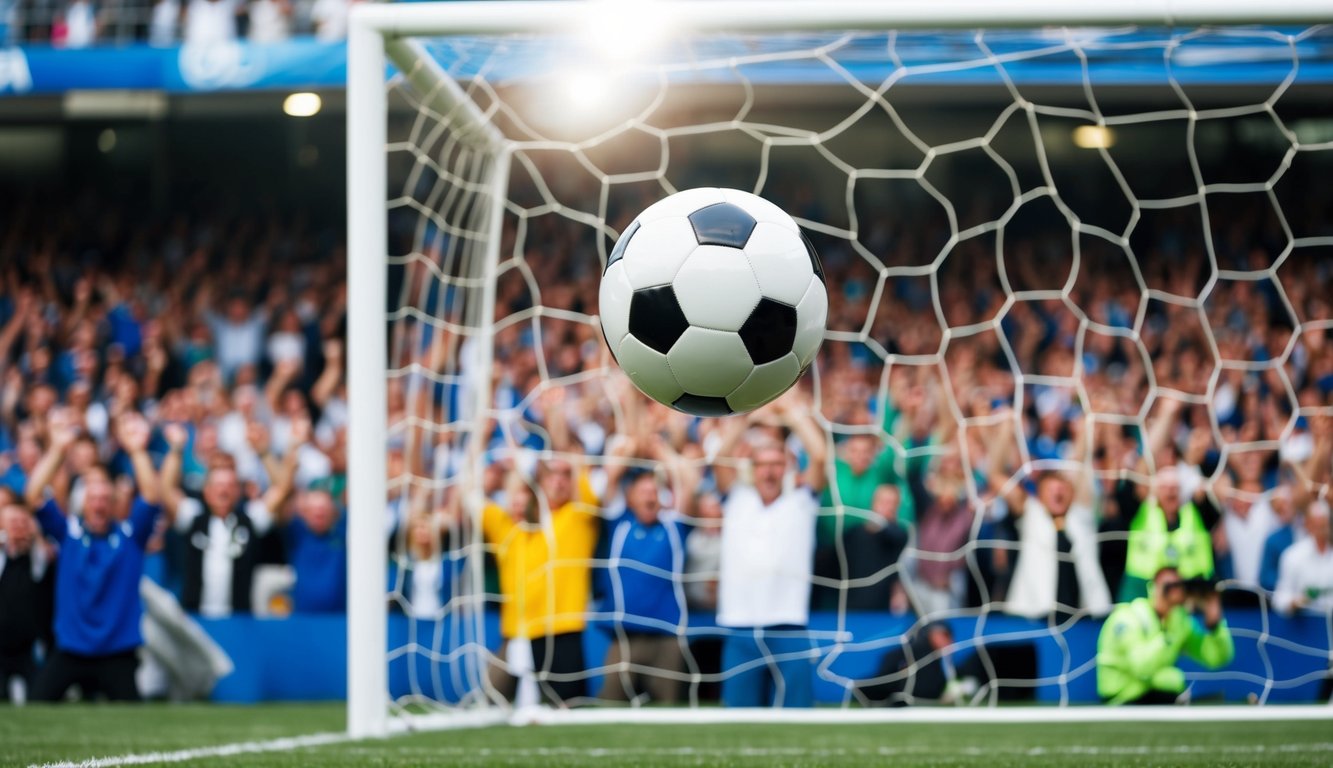 Sebuah bola sepak terbang ke dalam jaring gawang, dikelilingi oleh para penggemar yang bersorak di stadion