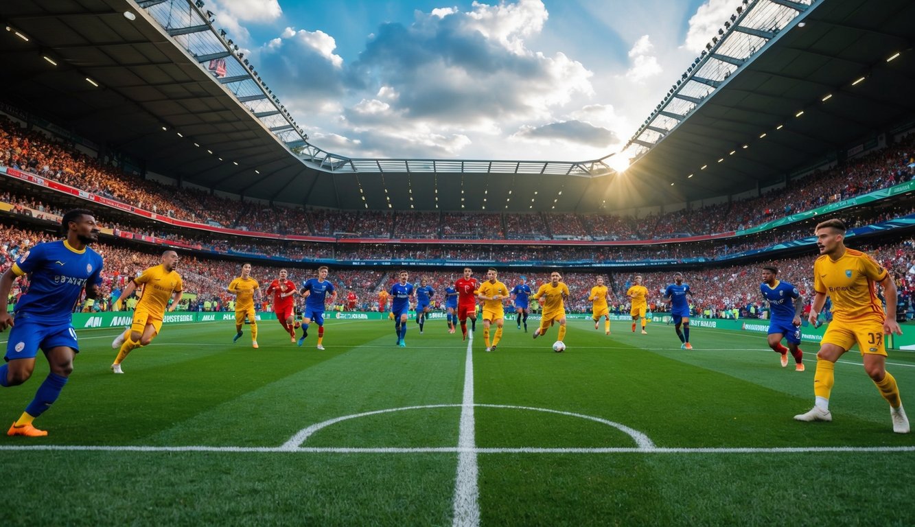 Sebuah stadion yang ramai dengan penggemar yang bersorak, lapangan sepak bola hijau, dan dua tim dengan jersey berwarna-warni yang bersaing dalam pertandingan yang hidup