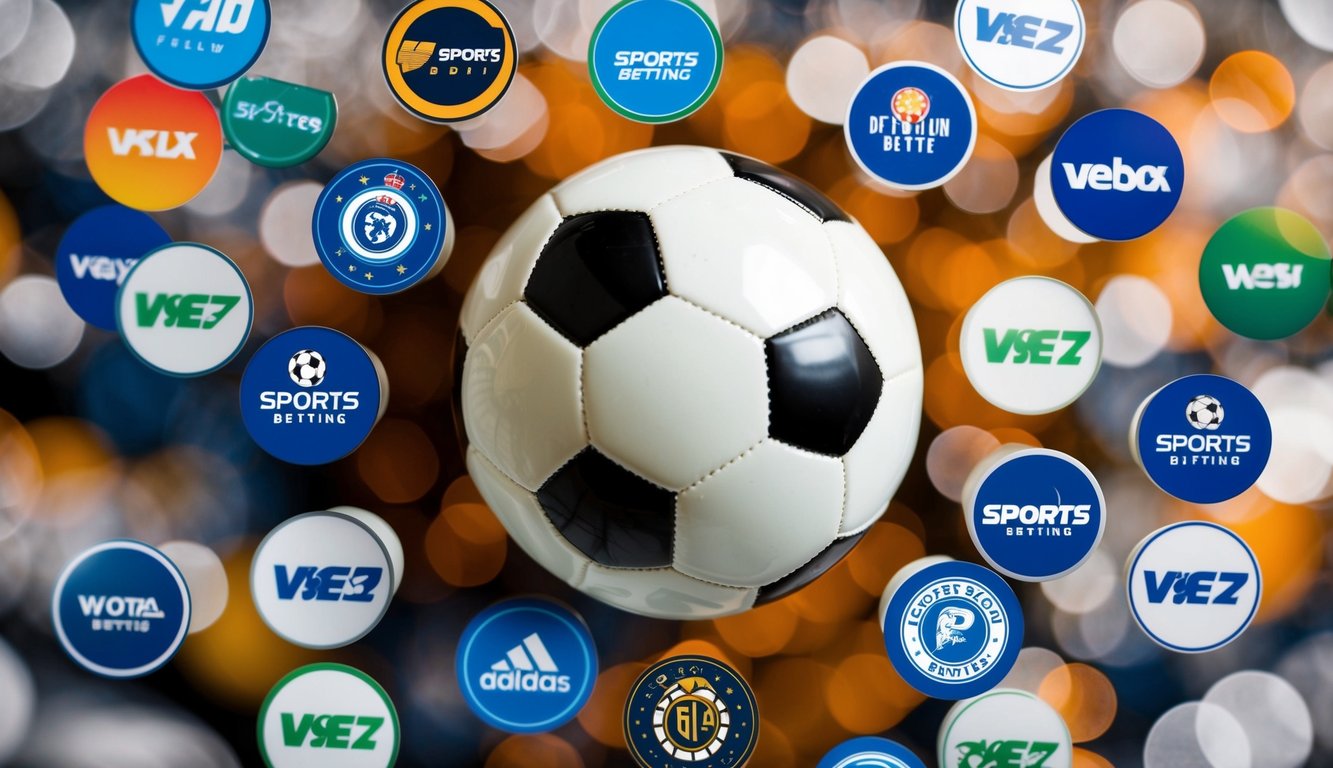 Sebuah bola sepak dikelilingi oleh berbagai logo situs taruhan olahraga