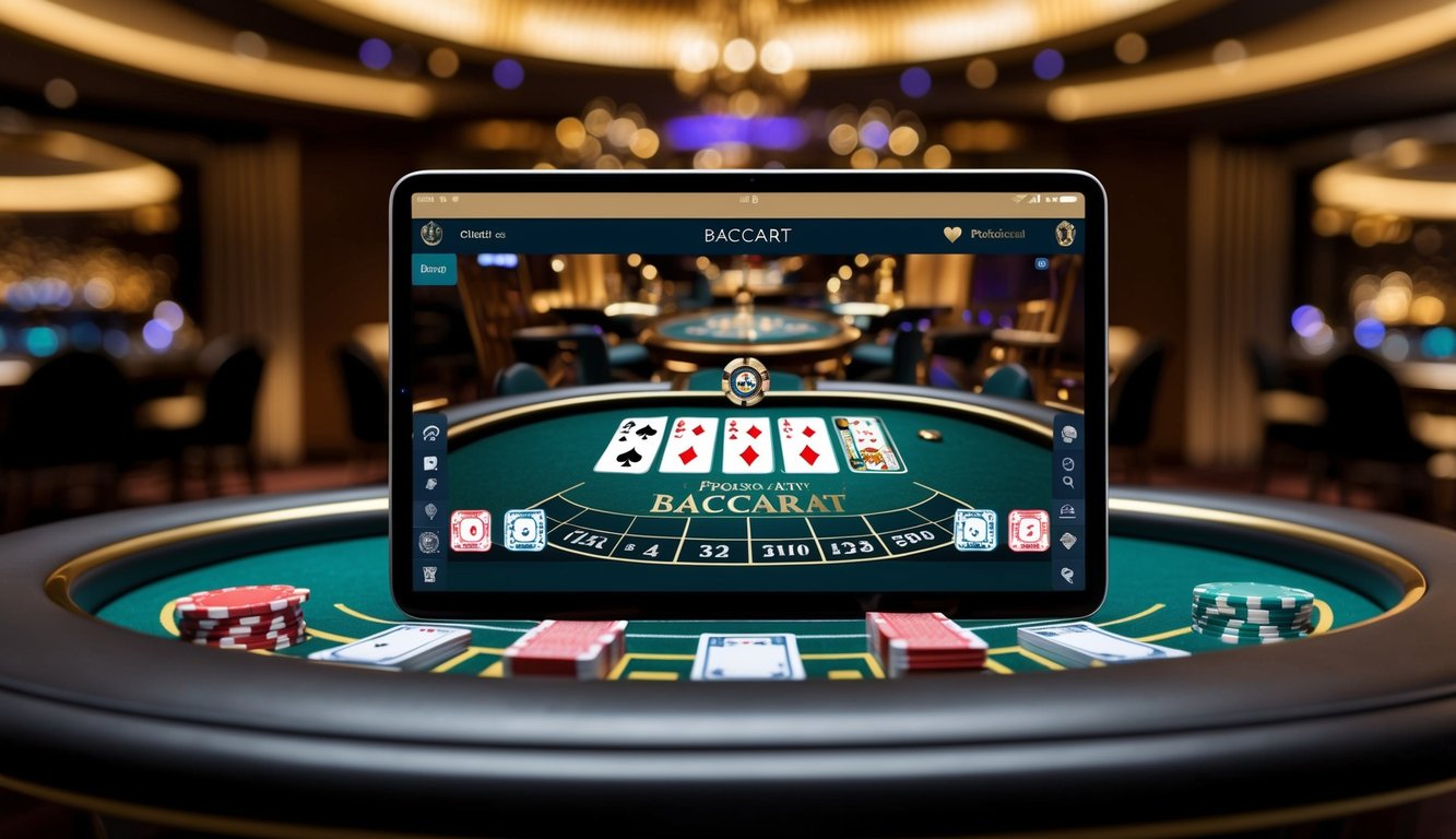 Sebuah meja baccarat virtual dengan kartu dan chip digital, dikelilingi oleh antarmuka yang ramping dan modern, dengan latar belakang suasana kasino yang mewah