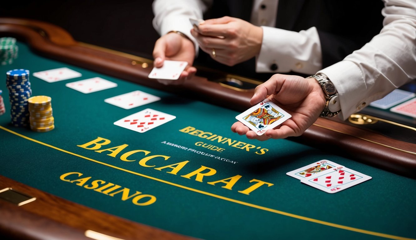 Panduan baccarat untuk pemula dengan setumpuk kartu, meja kasino, dan tangan dealer yang membagikan kartu