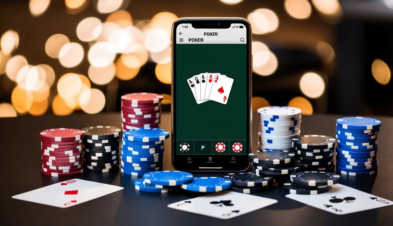 Sebuah smartphone dengan aplikasi poker terbuka, dikelilingi oleh chip poker dan kartu bermain di atas meja