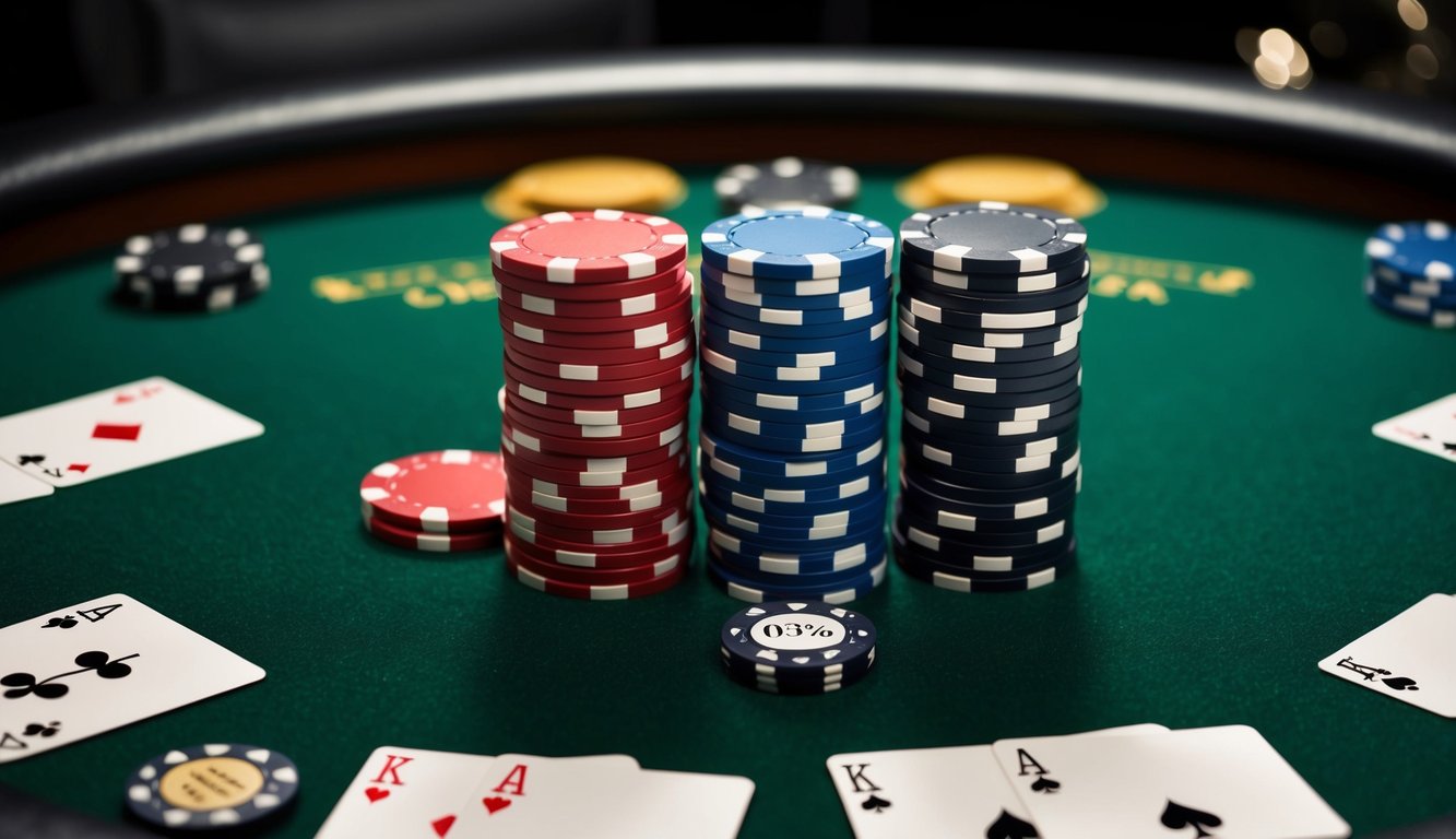 Sekelompok chip poker berwarna-warni yang ditumpuk di atas meja felt hijau, dikelilingi oleh kartu dan tombol dealer