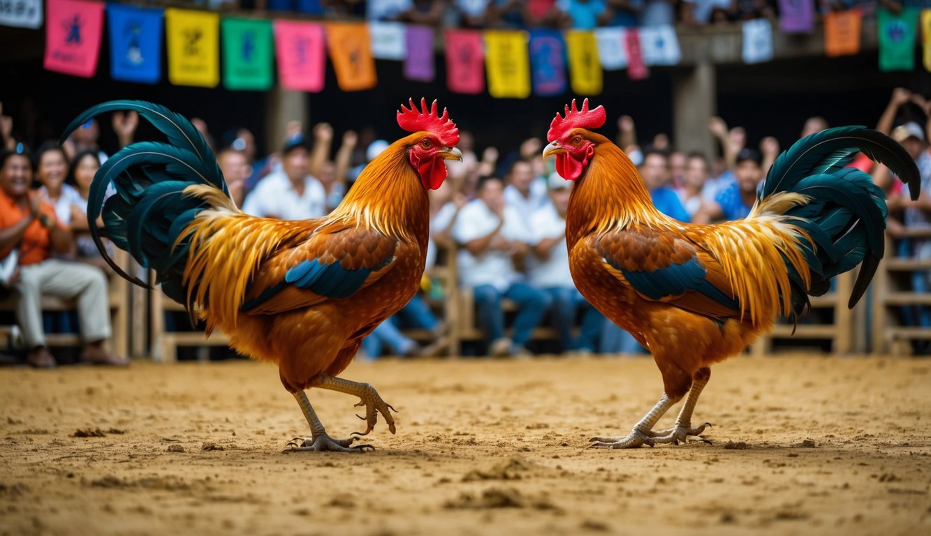 Dua ayam jantan berhadapan di arena sabung ayam yang ramai, dikelilingi oleh penonton yang bersorak dan spanduk berwarna-warni