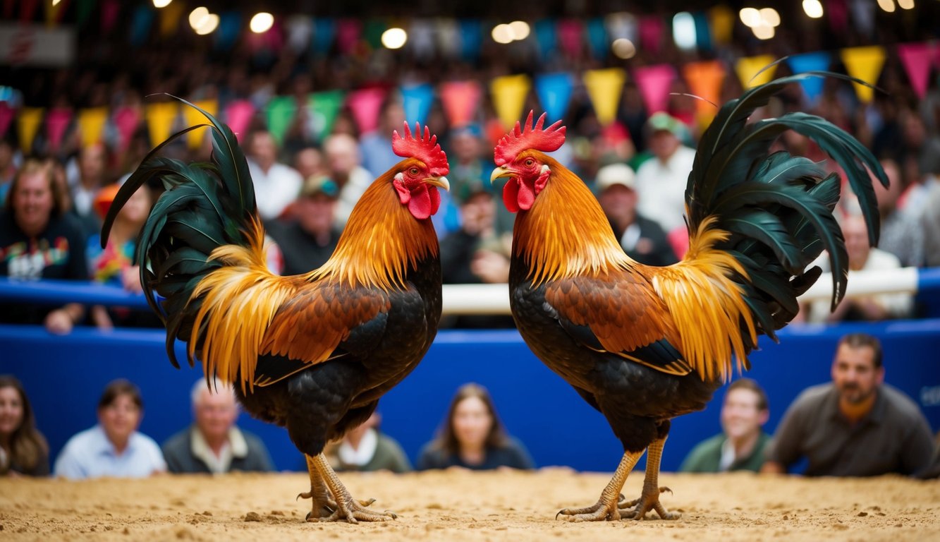 Dua ayam jantan berhadapan di arena yang ramai, dikelilingi oleh penonton yang antusias dan spanduk berwarna-warni.