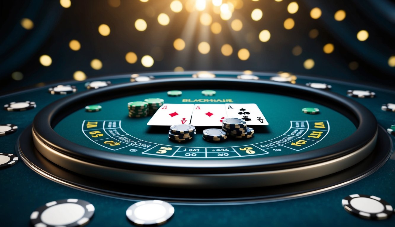 Sebuah meja blackjack digital dengan kartu dan chip virtual, dikelilingi oleh antarmuka yang ramping dan modern, dengan latar belakang yang gelap dan canggih