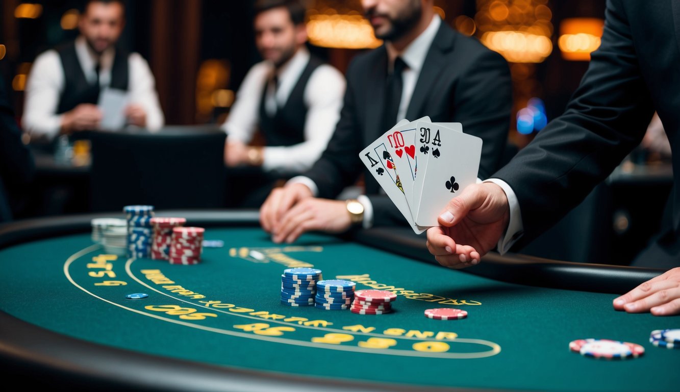 Sebuah meja blackjack dengan kartu, chip, dan tangan dealer yang membagikan kartu kepada pemain