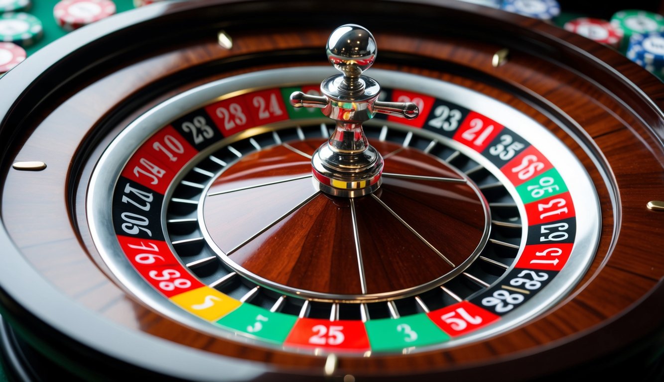 Roda roulette berputar dengan slot bernomor berwarna-warni dan bola perak kecil yang melompat di sekitar lingkaran.