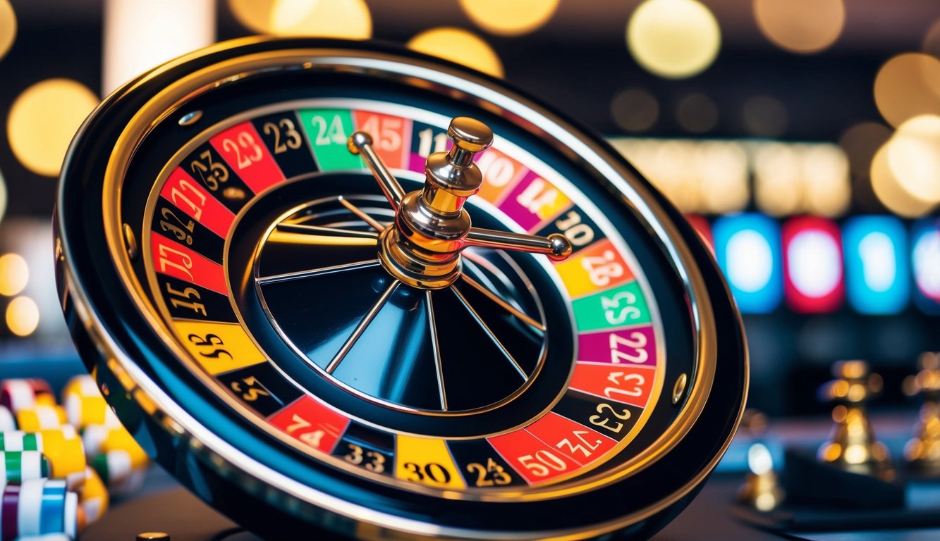 Roda roulette online yang berputar dengan slot bernomor berwarna-warni dan antarmuka digital yang ramping untuk memasang taruhan