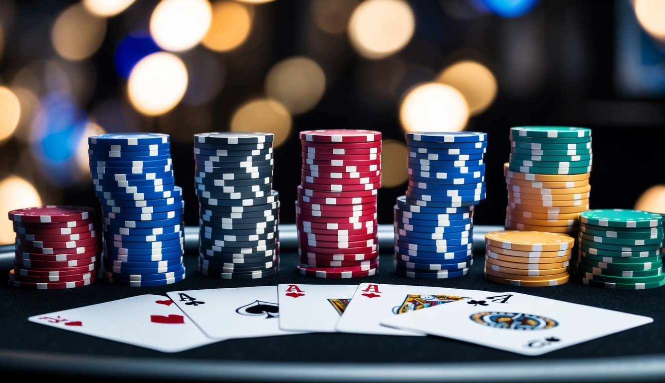 Sekelompok chip poker dan kartu yang disusun di atas meja modern yang ramping untuk situs web poker online