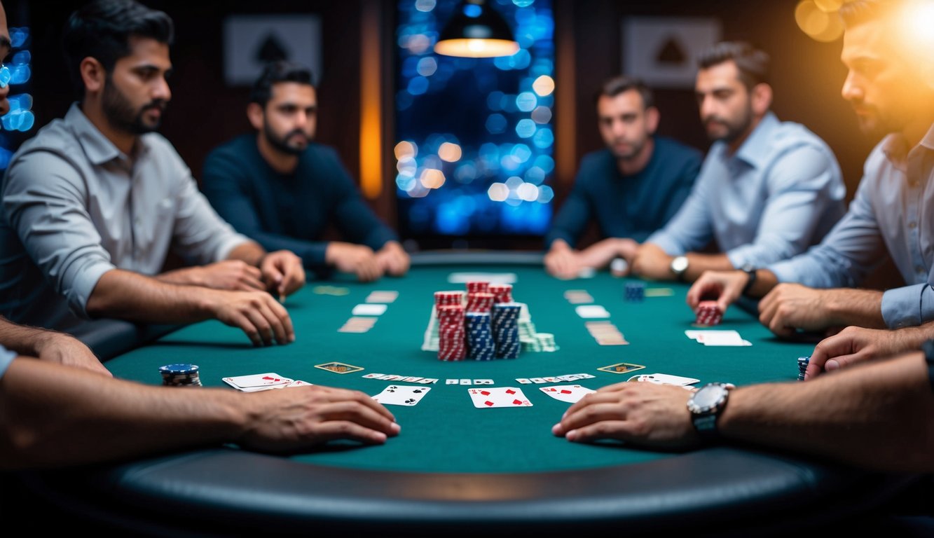 Sebuah meja poker dengan kartu dan chip, dikelilingi oleh pemain di ruangan yang remang-remang