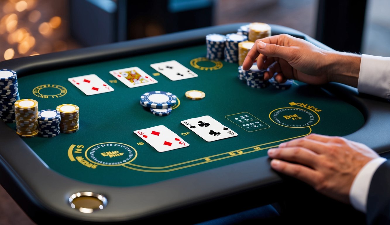 Sebuah meja blackjack digital dengan kartu dan chip virtual, dikelilingi oleh antarmuka yang ramping dan modern untuk permainan online