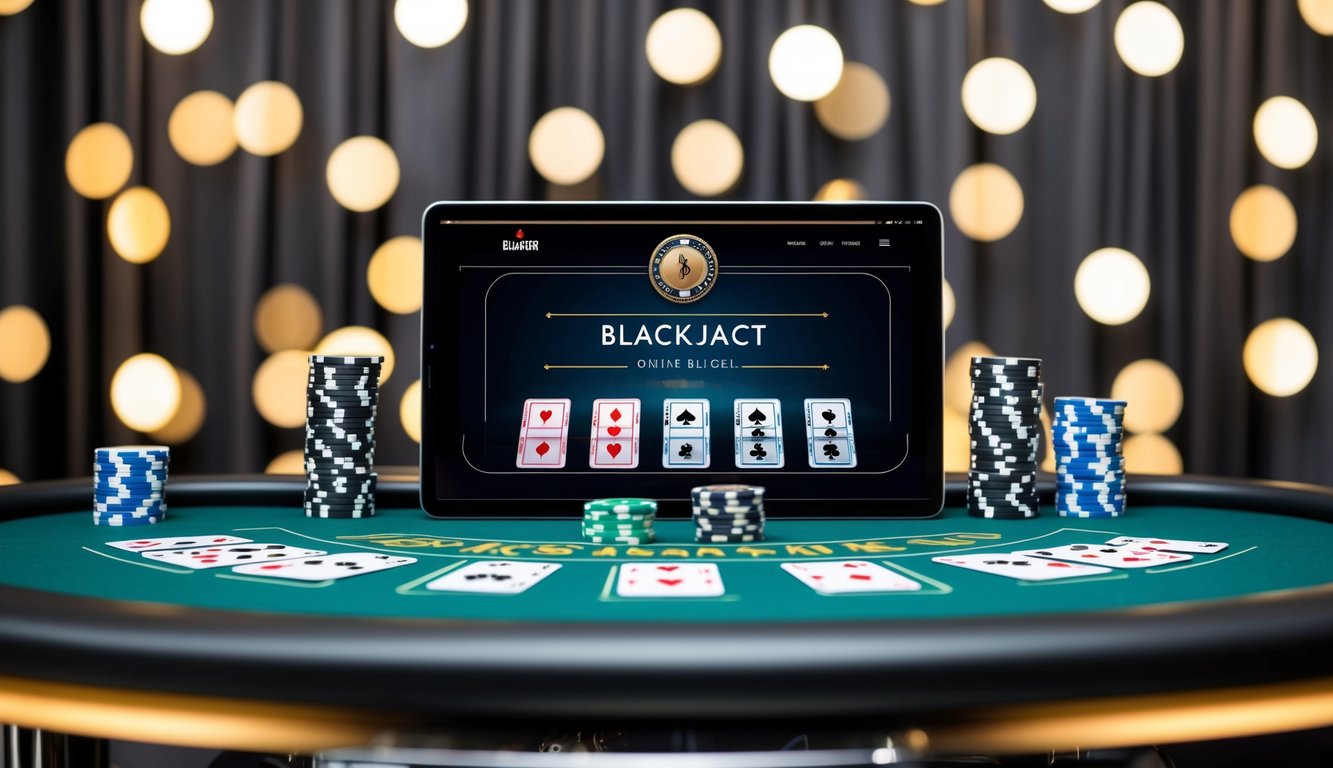 Sebuah meja blackjack online yang ramping dan modern dengan kartu dan chip virtual, dikelilingi oleh latar belakang yang bergaya dan canggih