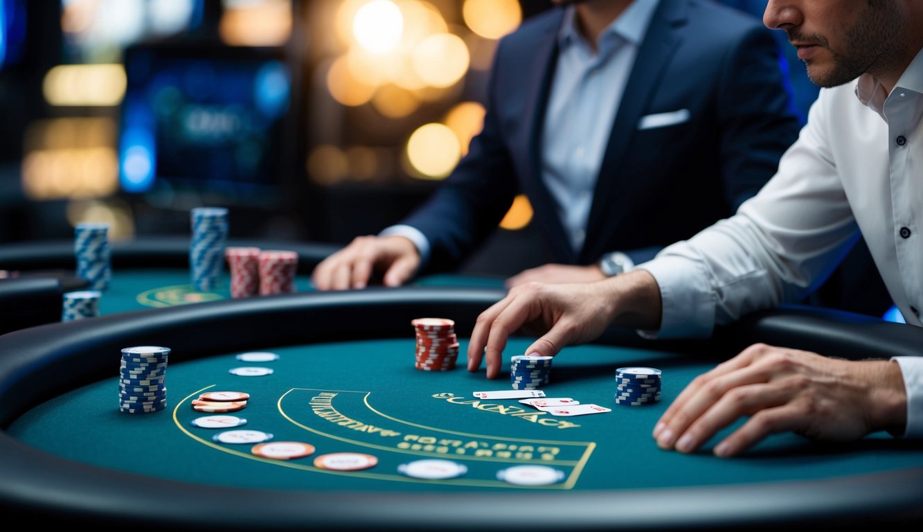 Sebuah meja blackjack digital yang ramping dengan kartu dan chip virtual, dikelilingi oleh pemain online yang intens dan fokus