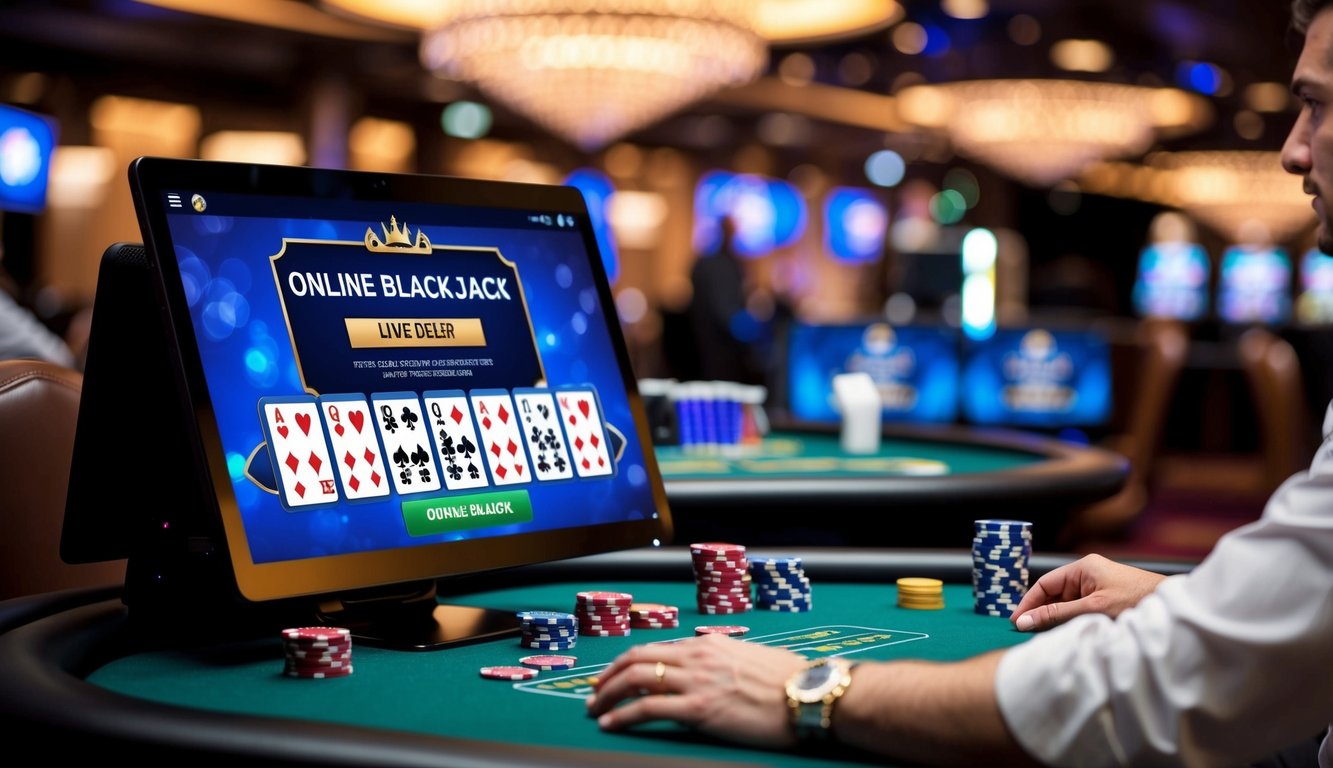 Sebuah meja kasino dengan kartu, chip, dan dealer langsung di layar komputer untuk permainan blackjack online