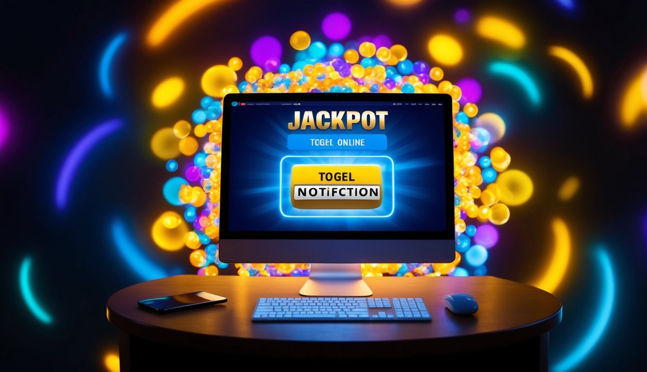 Sebuah layar komputer yang bersinar dikelilingi oleh pola berwarna-warni yang berputar, dengan notifikasi jackpot muncul di situs web Togel online