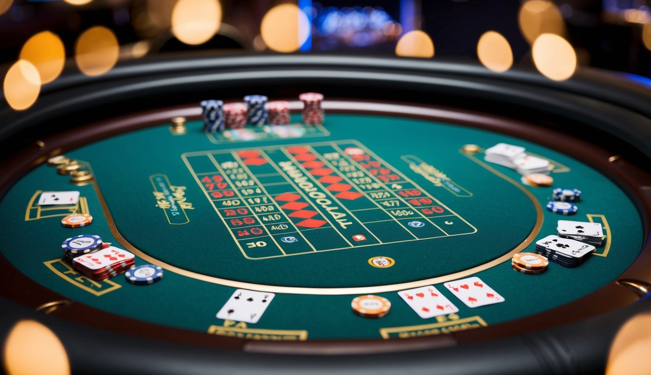 Meja blackjack digital dengan kartu dan chip, dikelilingi oleh lingkungan kasino virtual