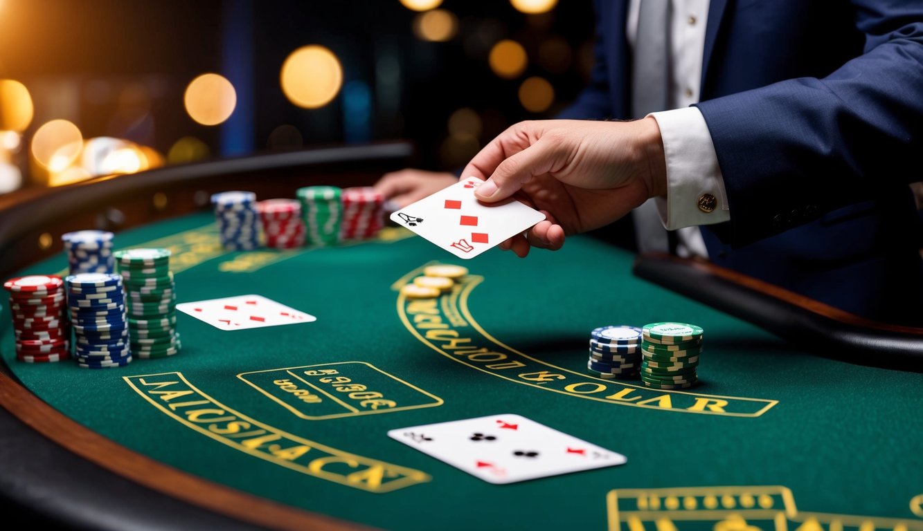 Meja blackjack digital dengan kartu dan chip, tangan dealer membagikan kartu kepada pemain virtual