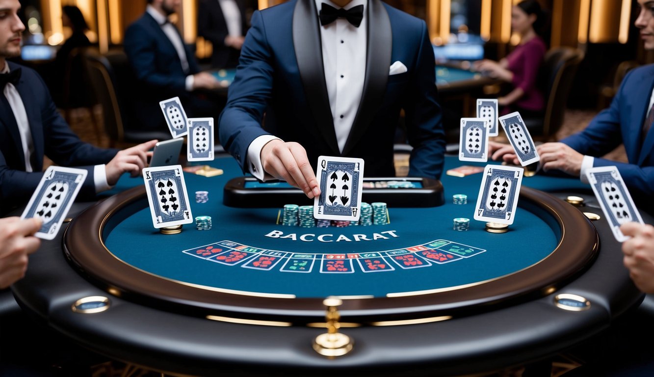 Sebuah meja baccarat yang ramping dan modern dikelilingi oleh pemain virtual, dengan kartu digital yang dibagikan oleh dealer robotik yang elegan