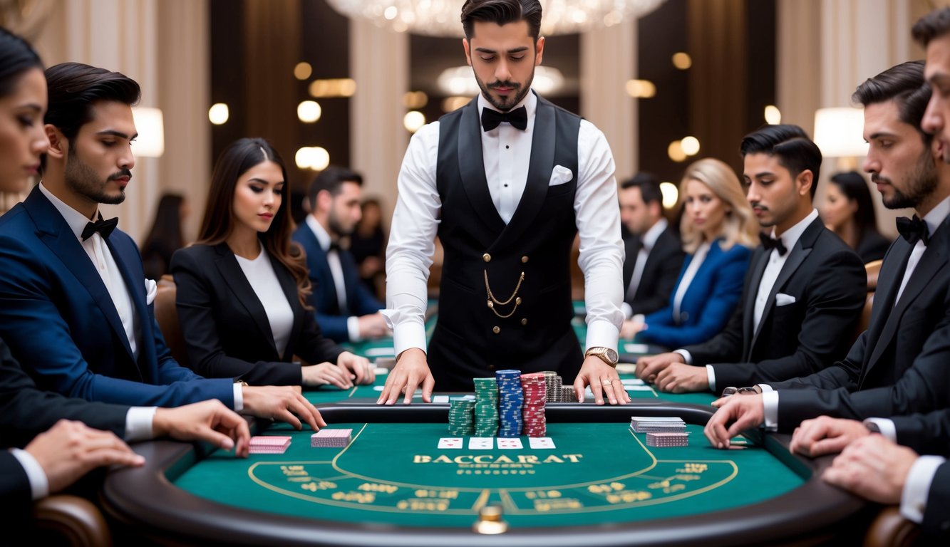 Sebuah meja baccarat dengan kartu, chip, dan seorang dealer, dikelilingi oleh pemain yang fokus dan suasana yang canggih serta elegan