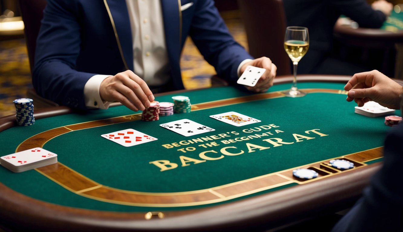 Panduan pemula untuk baccarat, dengan setumpuk kartu, meja, dan seorang pemain yang belajar permainan