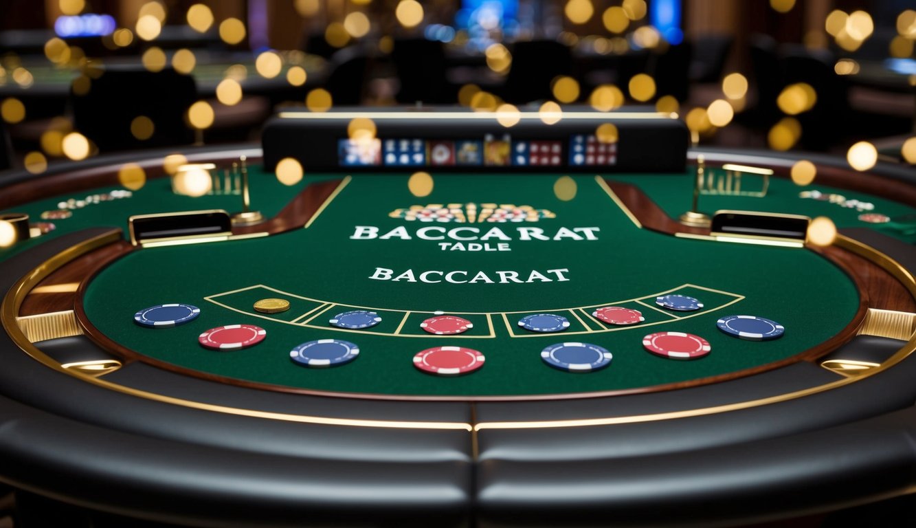 Sebuah meja baccarat virtual yang ramping dengan kartu dan chip digital, dikelilingi oleh lingkungan kasino online yang canggih dan mewah