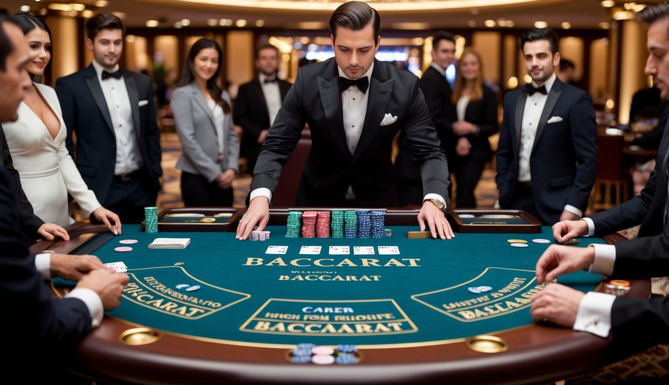 Sebuah meja baccarat dengan kartu dan chip, dikelilingi oleh pemain dan seorang dealer, terletak di lingkungan kasino yang elegan